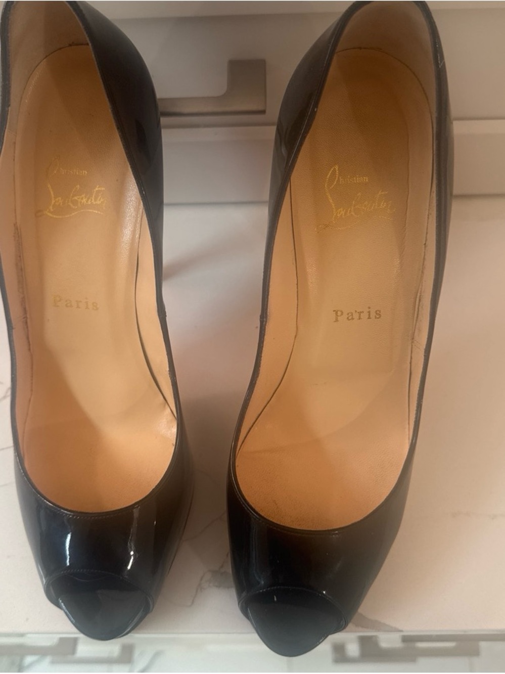 Christian Louboutin Black Patent Peep Toe Pumps
